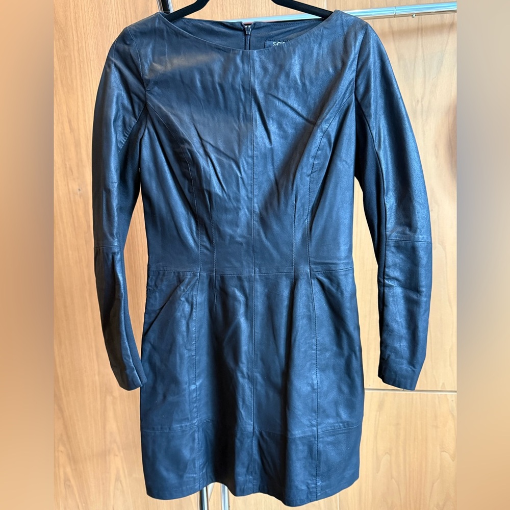 Women's SAS Sportswear Long Sleeve Black Leather ‘Janet’ Sheath Dress - Size 6